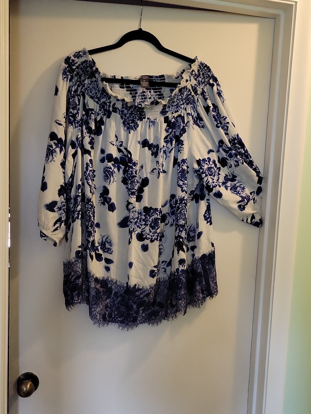 Chelsea & Theodore White and Navy Floral Off-Shoulder Tunic
